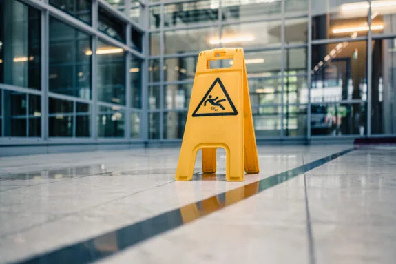 Yellow sign on floor that alerts for wet floor.